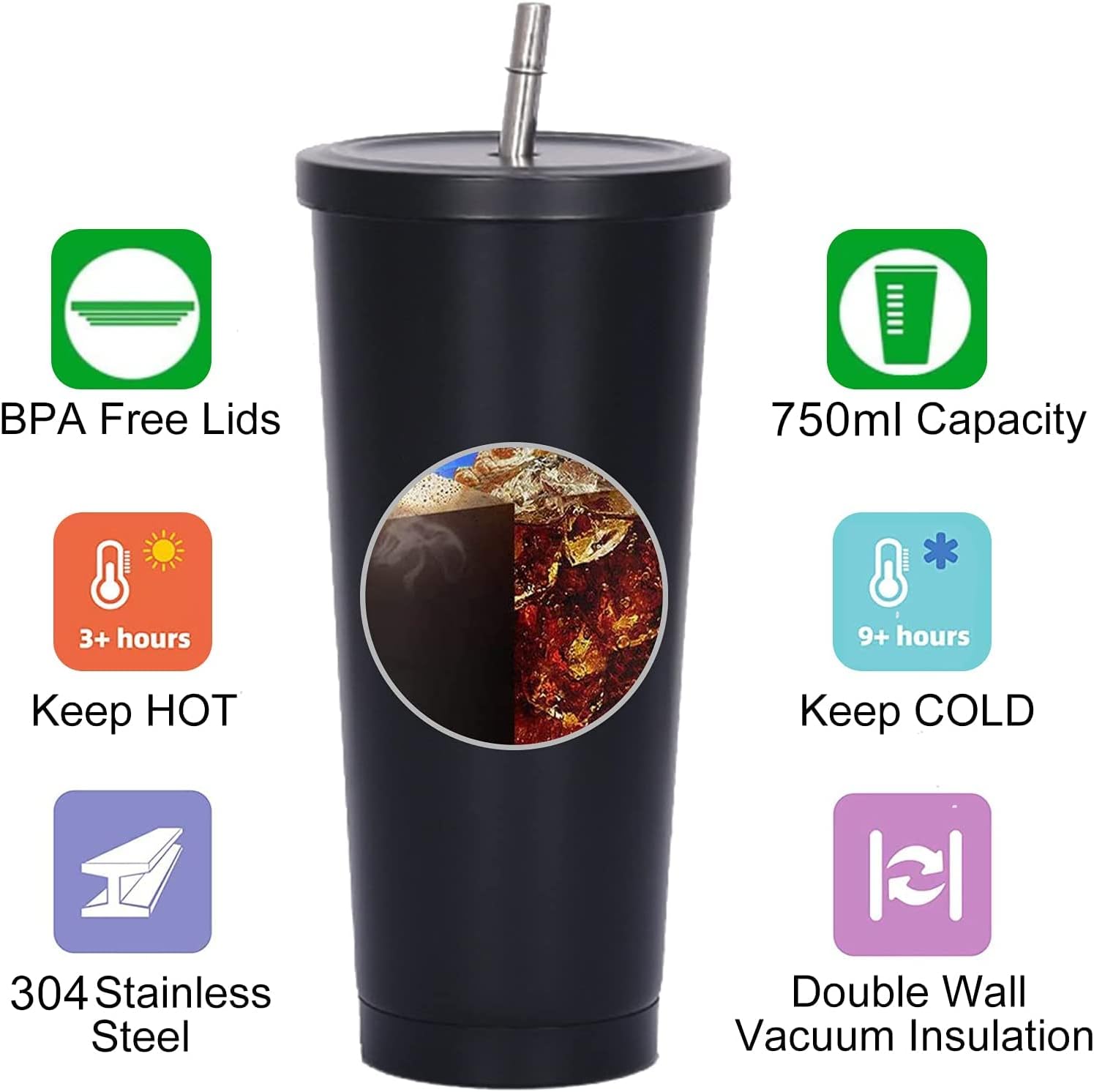 Coffee Tea Flask - 750ml Dubbelwandige Geïsoleerde Tumbler met Rietje